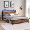 Industrial Queen Bed Frame with LED Lights and 2 USB Ports, Bed Frame Queen Size with Storage, Noise Free, No Box Spring Needed, Rustic Brown