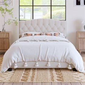 Upholstered Platform Bed with Saddle Curved Headboard and Diamond Tufted Details, Queen, Beige