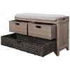 Storage Bench with Removable Basket and 2 Drawers, Fully Assembled Shoe Bench with Removable Cushion (White Washed)