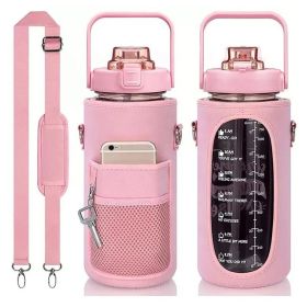 Half-Gallon Water Bottle With Sleeve 2L Leak-Proof, BPA-Free Sports Drinking Bottle With Straw And Custom Time Marker (Color: Pink)