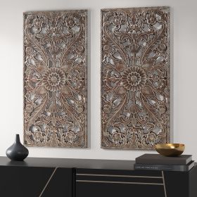 Distressed Carved Wood 2-piece Wall Decor Set (Color: as Pic)